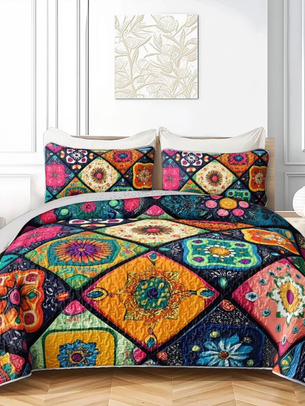 Boho Mandala Quilt Set Full, Mexican Talavera Quilt Coverlet for Women, Bohemian